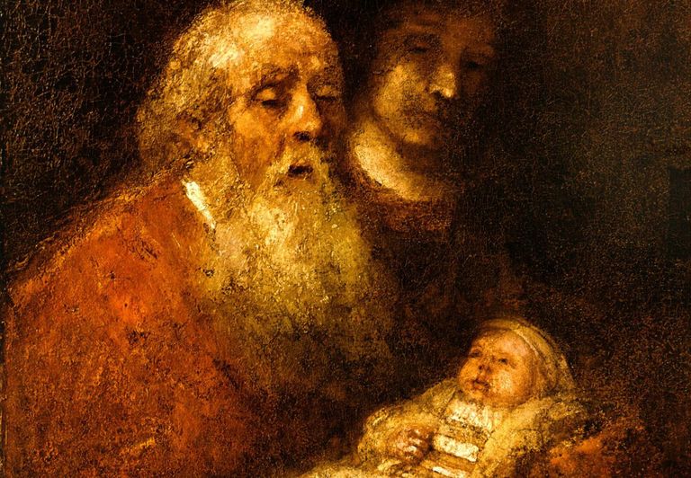 Der greise Simeon hält das Jesus-Baby auf dem Arm. Im Hintergrund ist die Prophetin Hannah zu sehen. Gemalt von Rembrandt.