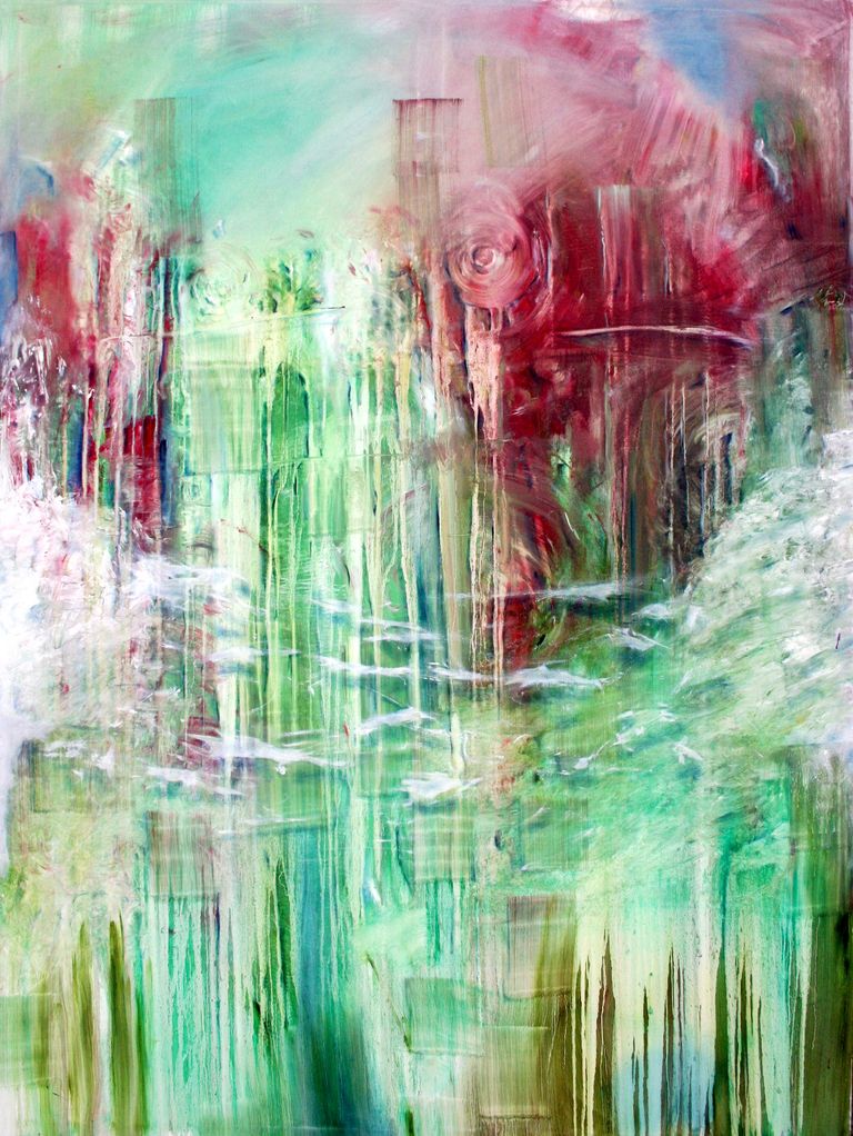 „Taravana“, ein abstraktes Bild von Ernst-Martin Heel, gemalt mit Öl auf Leinland. Das Bild wird dominiert von grüner Farbe, die nach unten zu fließen scheint, im Hintergrund eine kreisförmige Struktur in intensiven Rottönen. Im Vordergrund wolkenartige Strukturen.