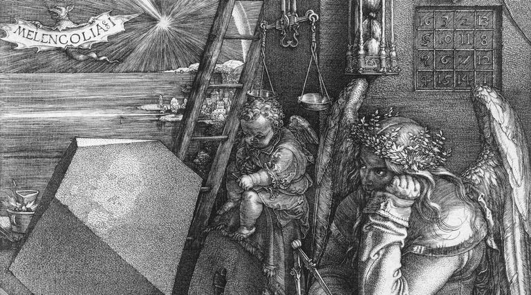 In the foreground of Albrecht Dürer’s engraving sits the winged Melancholia, her head resting in her left hand. In the middle and background, numerous symbols: a polyhedron, a magic square, a sphere, scales, an hourglass, a comet.