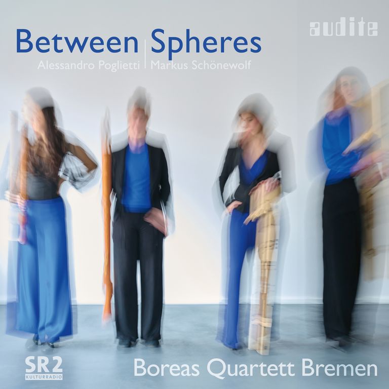 CD-Cover „Between Spheres“ with music by Alessandro Poglietti and Markus Schönewolf. Label „audite“.