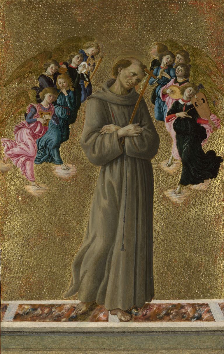 Sandro Botticelli (1445–1510): <em>Saint Francis of Assisi with Angels,</em> egg tempera and a little oil paint on poplar wood, c. 1475–1480, The National Gallery, London