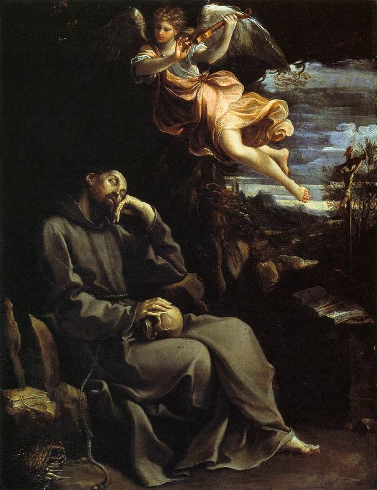 Guido Reni (1575–1642): <em>Saint Francis consoled by an angel musician,</em> oil on copper, 1606/1607, Pinacoteca Nazionale di Bologna